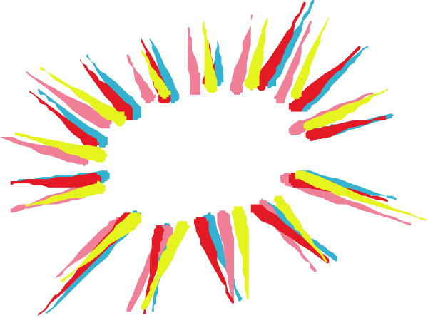 The image shows a colorful explosion with various hues emanating from what appears to be an unseen center point against a black background.