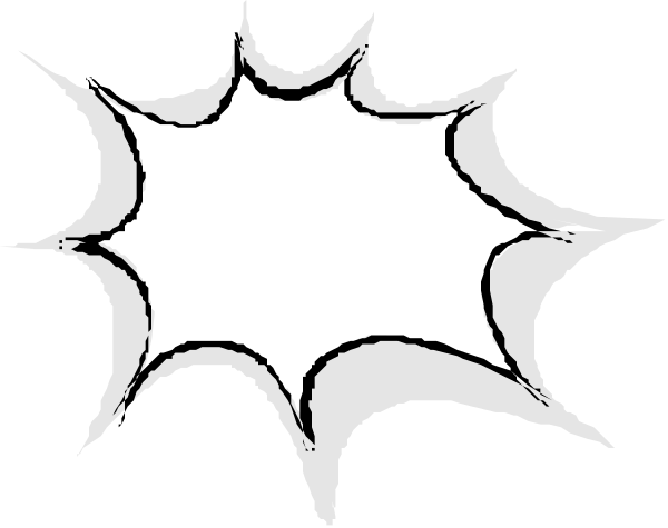 The image shows a black and white comic book explosion graphic with intricate details of lines radiating outward from an imaginary center point.