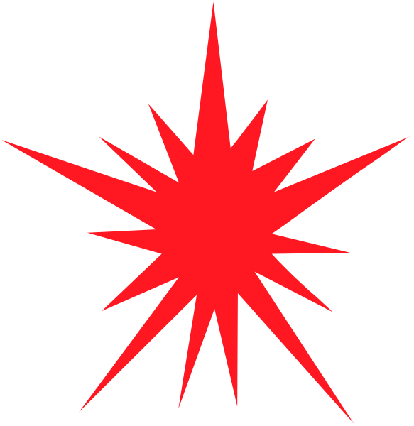 The image shows a red starburst graphic with two black lines on either side of it against a dark background.