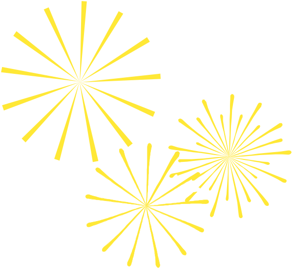 The image shows a black background with four fireworks of varying sizes displaying bright white sparks against yellow lines that represent their trajectory paths; there is no text present in this clip-art illustration.