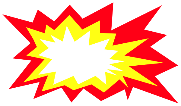 The image shows a comic book explosion with red and yellow hues against black background featuring white lines radiating outward from center to create an effect of motion.