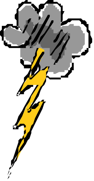 The image shows a black and white illustration of an electrical storm with lightning bolts striking downward from dark clouds against a clear sky background.