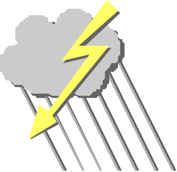 The image shows a digital representation of an umbrella with raindrops falling from it against a cloudy sky background; there is also lightning depicted by two yellow lines intersecting in front of the clouds, suggesting impending storm conditions.