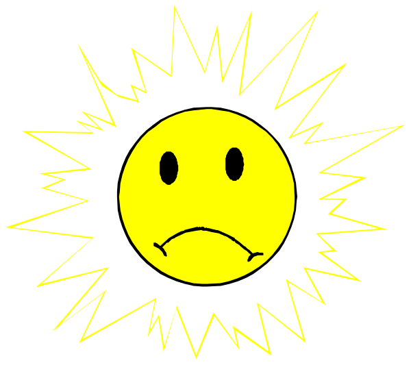 The image shows a yellow smiley face with two black dots for eyes inside an orange sunburst background that has rays extending outward from it.