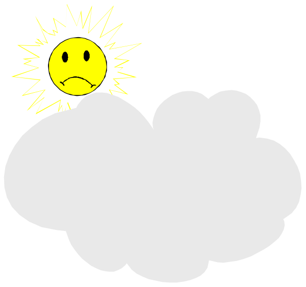 The image shows two cartoon clouds with a sun peeking out from behind them against a black background; there is no text present in this clip-art illustration.