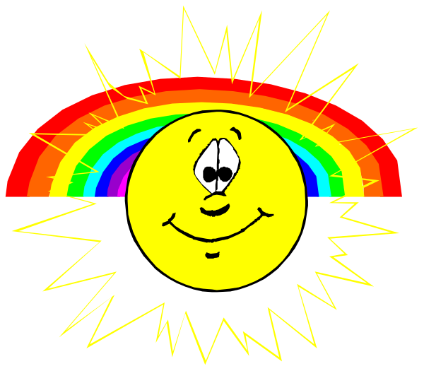 The image shows a cartoon sun with rays of light emanating from it against an overcast sky background that has rainbow-colored clouds on either side.