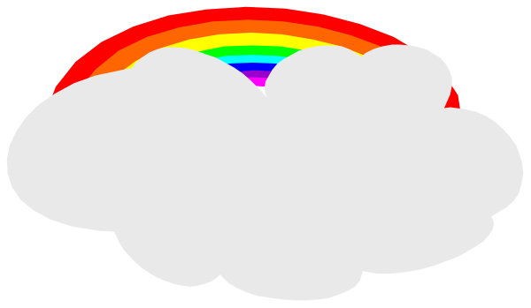 The image shows a rainbow cloud with two white clouds superimposed on it against a dark background.