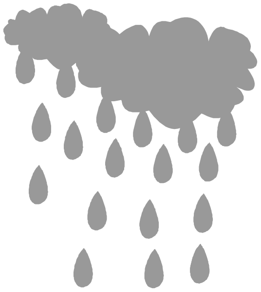 The image shows a black silhouette of raindrops falling from an open umbrella against a white background with gray shading at bottom to suggest depth.