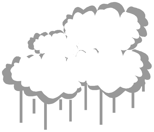 The black and white illustration shows a cloudy sky with raindrops falling from it onto trees below.