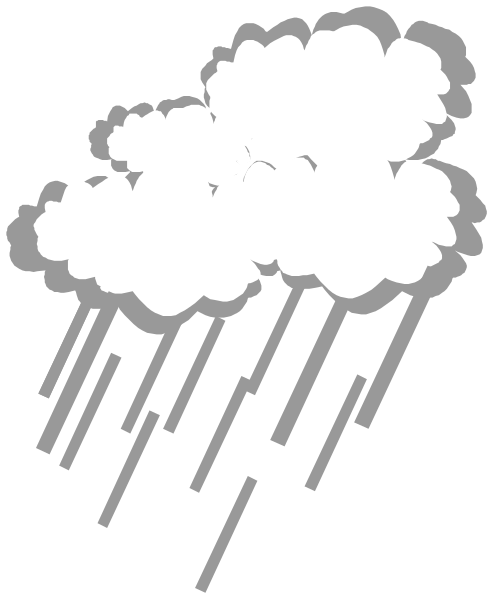 The black and white illustration shows a cloud with raindrops falling from it against an overcast sky background.