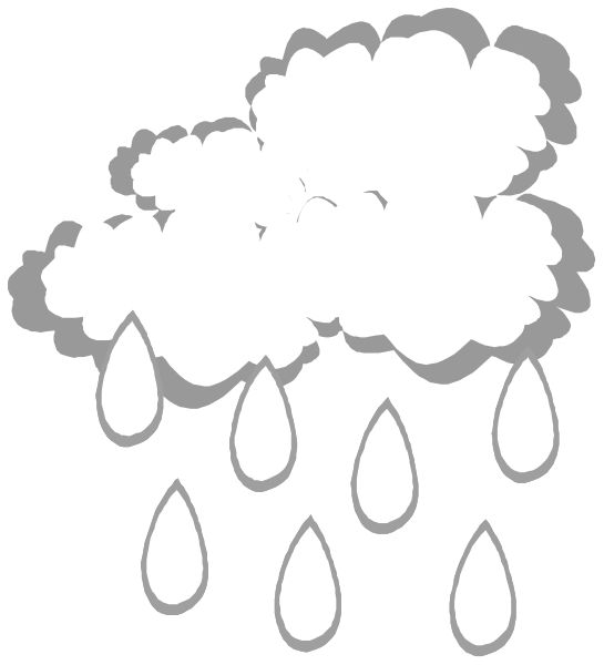 The black and white illustration shows a cloud with raindrops falling from it against an overcast sky background.