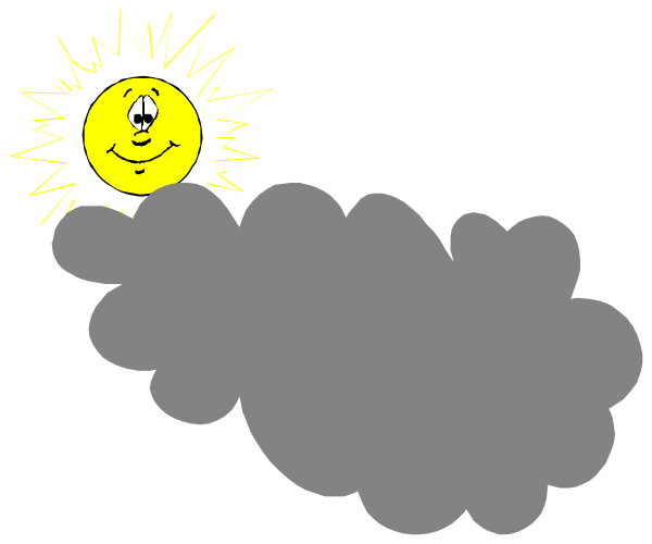 The image shows a cartoon of an animated cloud with eyes that has drawn itself into bed next to another smaller cloud labeled "dreams." A sun is shining brightly above them both in what appears to be nighttime, and there's no text present on this small clip-art image.