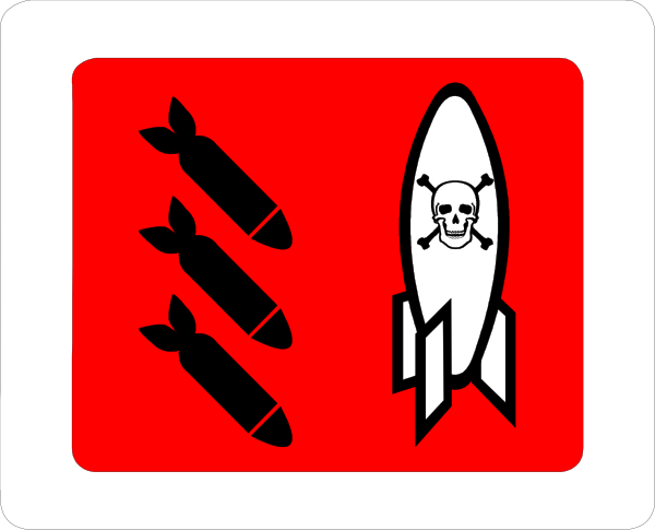 The image shows a red warning sign with an illustration of three bombs on it next to two crossed swords forming an "X" symbol above them. To their right is another icon depicting a rocket ship and below that, there's a skull wearing goggles holding what appears to be dynamite sticks in its hands. The background behind these icons has the color gradient of gray at top transitioning into black towards bottom left corner where it meets with white on lower right side. There is no text present within this image. This style suggests that the content might relate to a