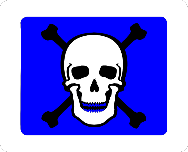 The image shows a blue skull with crossed bones on it next to an icon of a bomb symbolizing danger or hazardous material warning signs commonly found in laboratories or industrial settings.