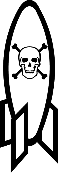 The image shows a black skull with crossed bones inside an orange circle on top of what appears to be a rocket ship design in white against a grey background.