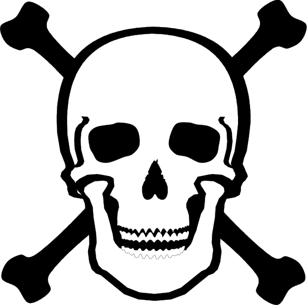 The black and white logo of a skull with teeth showing against a dark background.