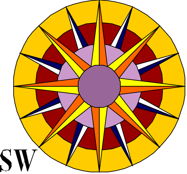 The image shows a colorful compass rose with eight cardinal points marked by stars of different sizes on each point; it is set against a black background within an oval frame outlined in red.