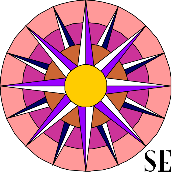 The image shows a stylized compass rose with eight cardinal directions marked by stars at their ends against a black background.