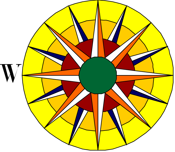 The image shows a colorful compass rose with eight cardinal directions marked by stars of different sizes at each point on its circumference.