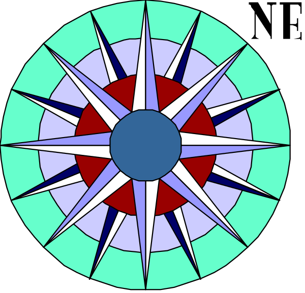 The image shows two compass roses with a blue center on black backgrounds; each rose has eight cardinal points marked by stars in red, white, green, yellow, purple, orange, pink, and teal hues around its circumference.