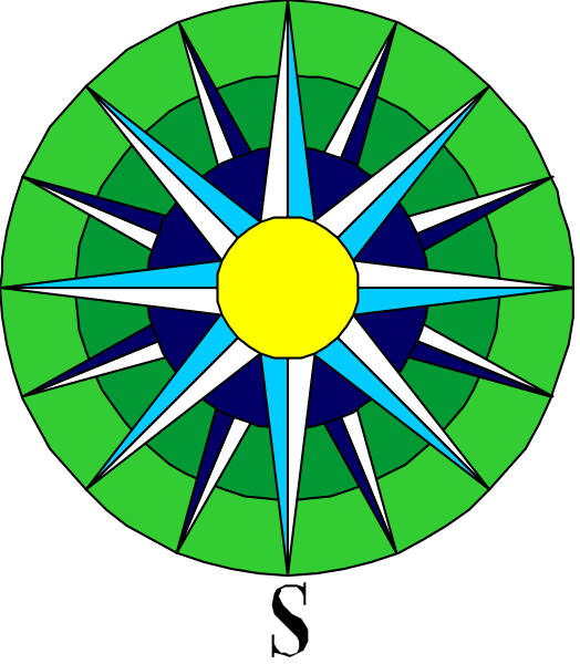 The image shows a stylized compass rose with eight points of varying lengths radiating from an inner circle; each point is adorned with stars in different shapes and sizes at their tips.