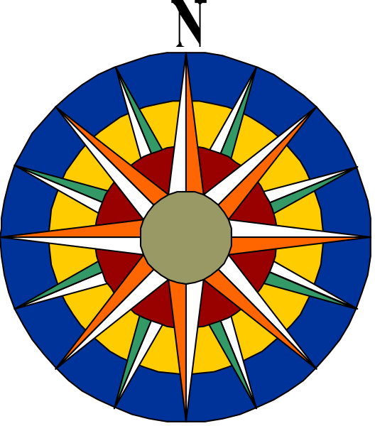 The image shows a colorful compass rose with eight cardinal points marked by stars of different sizes on each point; it is set against a dark background within an oval frame that has two shades of blue, one lighter and one darker at its edges.