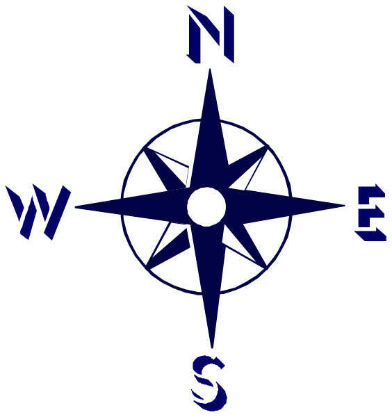 The image shows a compass rose with cardinal directions labeled "N," "E," "S" (north), and "W" (west) on it; there is also an arrow pointing to the north, indicating that direction as 'NE' for northeast.