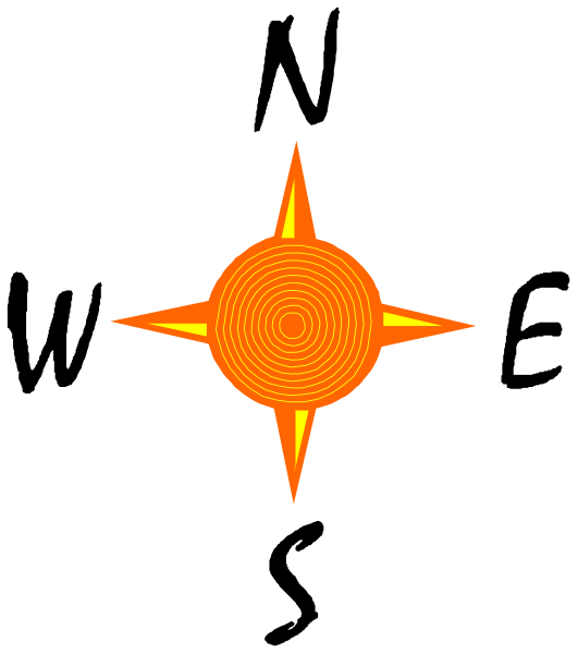 The image shows a simple graphic of an orange compass rose on black background with white lines forming concentric circles around it.