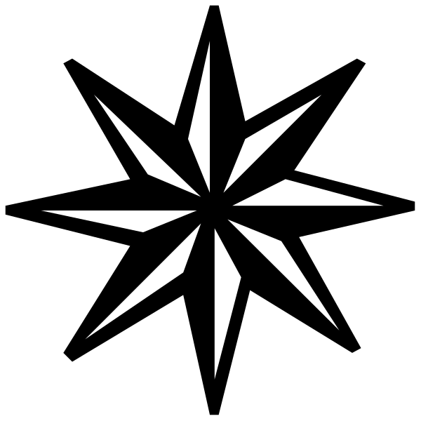 The black and white logo of a star with eight points on it against a dark background.