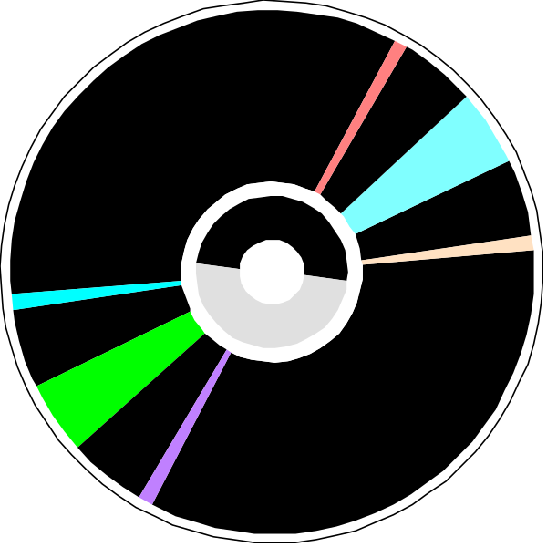 The image shows a black vinyl record with colorful labels on it against a dark background.