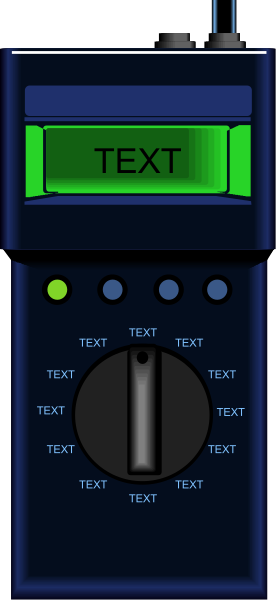 The image shows a digital device with buttons labeled "text" on its screen and an arrow pointing to it; there is also text that reads 'TEXT' in green letters atop this button.
