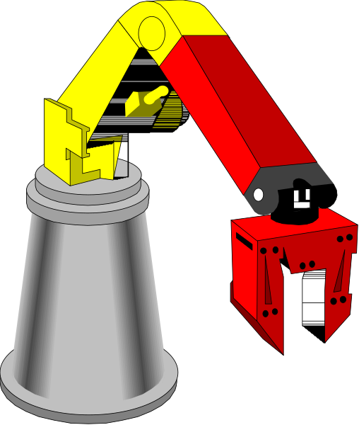 The image shows a robotic arm with an end effector that appears to be holding something red next to what looks like a mechanical device resembling machinery used in manufacturing processes such as drilling or welding, set against a plain background without any additional context provided by other elements within the frame.