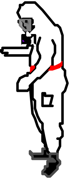 The image shows a pixelated representation of an animated character with red eyes standing on what appears to be a platform against a dark background.