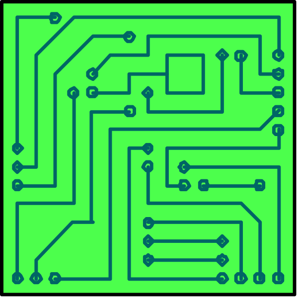 The image displays a black circuit board with green lines representing electronic pathways against two different backgrounds: on top is an abstract pattern of blue shapes; below it shows a simple white square backdrop.