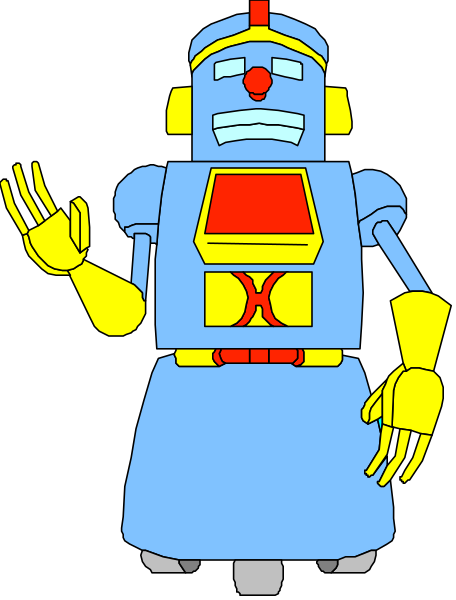 The image shows a cartoon robot standing upright with its arms outstretched against a black background.
