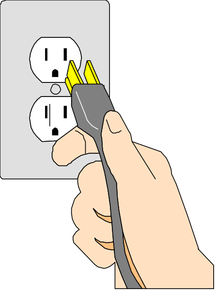 The illustration shows a person's hand holding an electric plug into a socket with two yellow prongs on it.