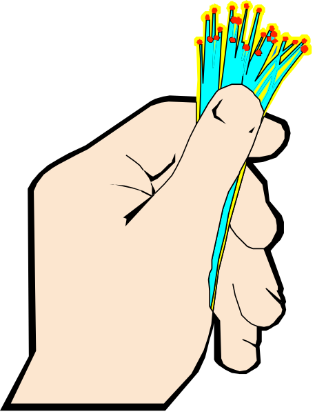 The image shows a hand holding an object that resembles a bundle of wires with red dots on them against a black background.