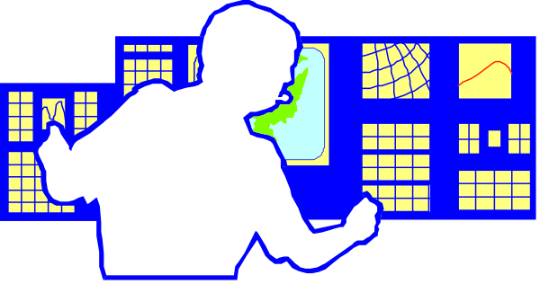 The image shows a person standing next to an illuminated control panel with various screens displaying graphs and charts against a dark background; it appears to be in black-and-white due to low resolution.