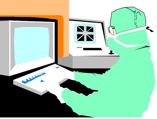 The image shows a person sitting at a computer with medical equipment around them; there is also an open laptop screen displaying what appears to be scientific data in front of them.