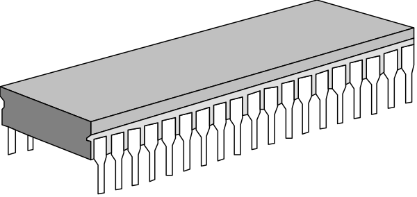 The black and white illustration shows a long row of identical items that resemble computer monitors lined up on what appears to be an assembly line with conveyor belts above them in front of a building-like structure, suggesting manufacturing setting