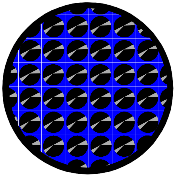 The image shows a circular object with blue lines forming an intricate pattern on its surface against a black background; to the right is another smaller circle containing white dots within it.