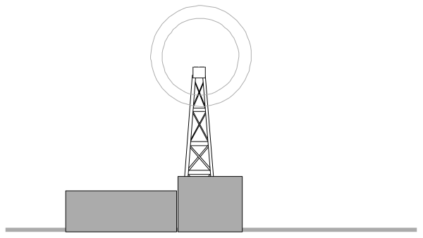 The black and white illustration shows a cell tower with an antenna on top against a night sky background.