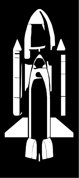 The black and white image features a rocket ship with two stages on top of each other next to an airplane silhouette in flight against a dark background.