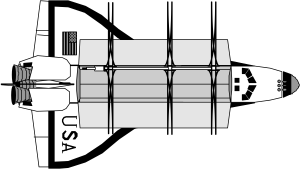 The black and white illustration shows a space shuttle with an american flag on it parked next to what appears to be a rocket launchpad at nighttime.