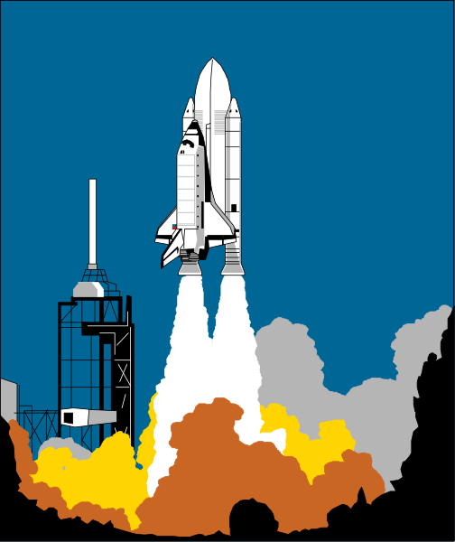 The image shows a colorful illustration of an astronaut on top of rocket launchpad with smoke coming from it against a blue sky background; there is also a depiction of a space shuttle in flight and another one sitting atop its booster, both set within the confines of what appears to be a NASA facility.