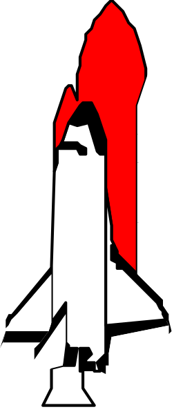 The image shows a pixelated rocket with flames on top of it against a black background.
