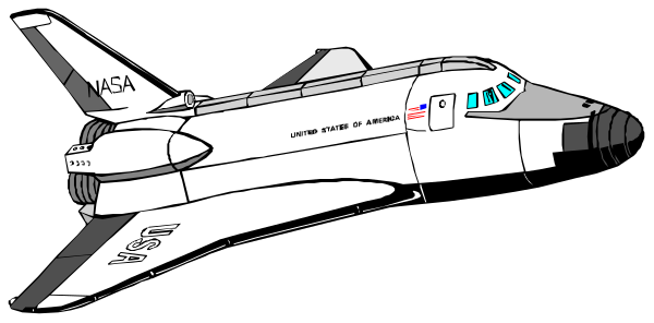 The black and white illustration shows a space shuttle with an astronaut inside on its side, positioned against a dark background that resembles outer space.