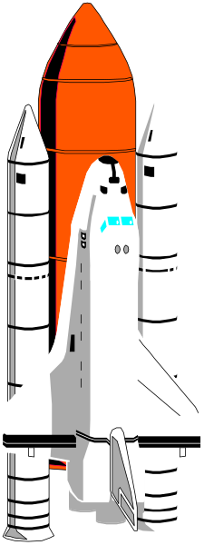The image shows a space shuttle with an astronaut inside it parked next to a rocket launchpad on what appears to be Mars.