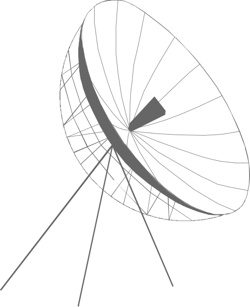 The black and white illustration shows a satellite dish with its parabolic surface facing towards us against an indistinct background that does not provide any additional context about location or time of day.
