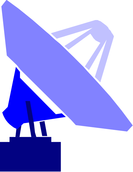 The image shows a blue satellite dish with an antenna on top against a black background.